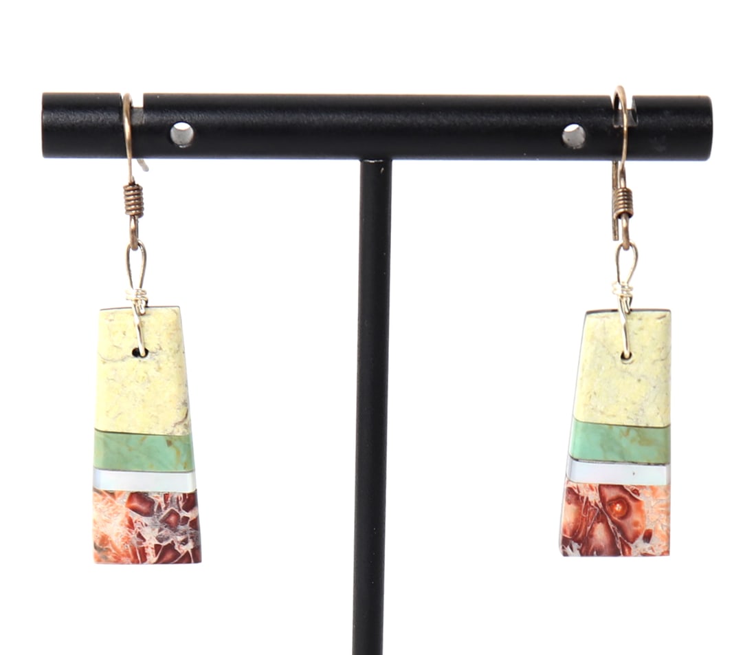 Lovely Natural Shell & Stone Earrings, Zuni: Fine pair of Native American Zuni earrings comprised of mother of pearl, spiny lobster and stone. Layered in a banding tower shape. Size 1 1/2" H