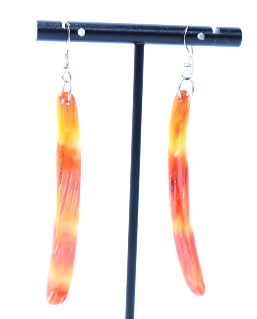Gorgeous Spiny Lobster Dangle Earrings: Finely polished pieces of bright red and yellow spiny lobster comprise this lovely pair of dangle earrings. Cream white to the reverse with bands of red and yellow to the face. Size 2 3/4" L