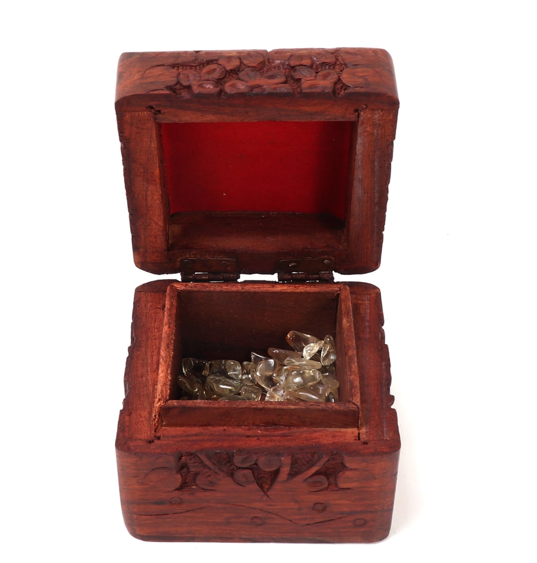 Cherrywood Box with Tumbled Rock Crystals: Beautiful collection of mixed tumbled rock crystals, polished smooth throughout. Inside a lovely cherrywood box, that is carved in high relief throughout the exterior with dozens of flowers. Size box