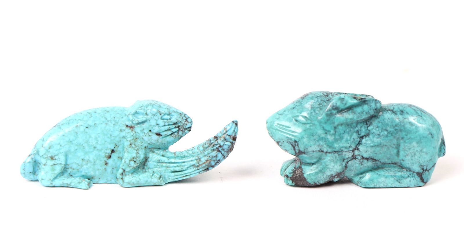 Miniature Turquoise Carved Animals: Adorable carved miniature turquoise animals. Rabbit with dark marbling throughout body, incised ears, whiskers eyes and nose. Mole with corn cob is heavily details, with the moles ears in high relief