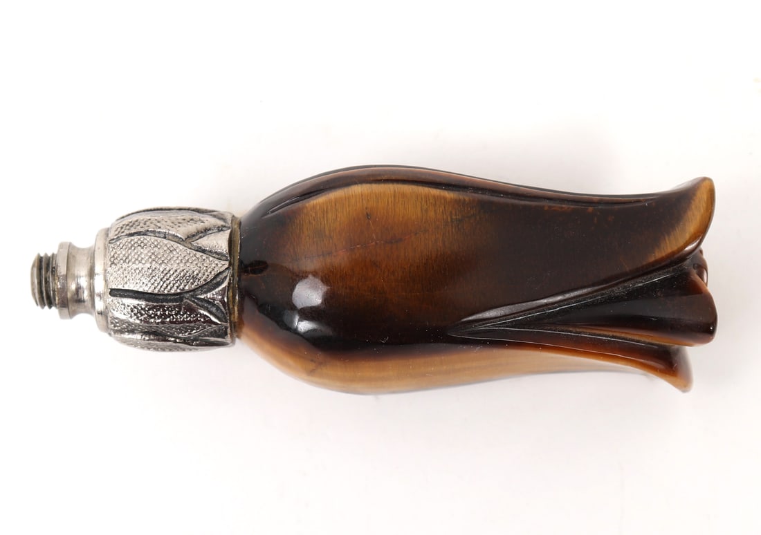 Lovely Tiger's Eye & Sterling Silver Cane Finial: Beautiful hand carved tiger's eye rose with a sterling silver cap affixed for attaching to a cane or walking stick. Size 3 1/2" L x 1" W, weight 125g