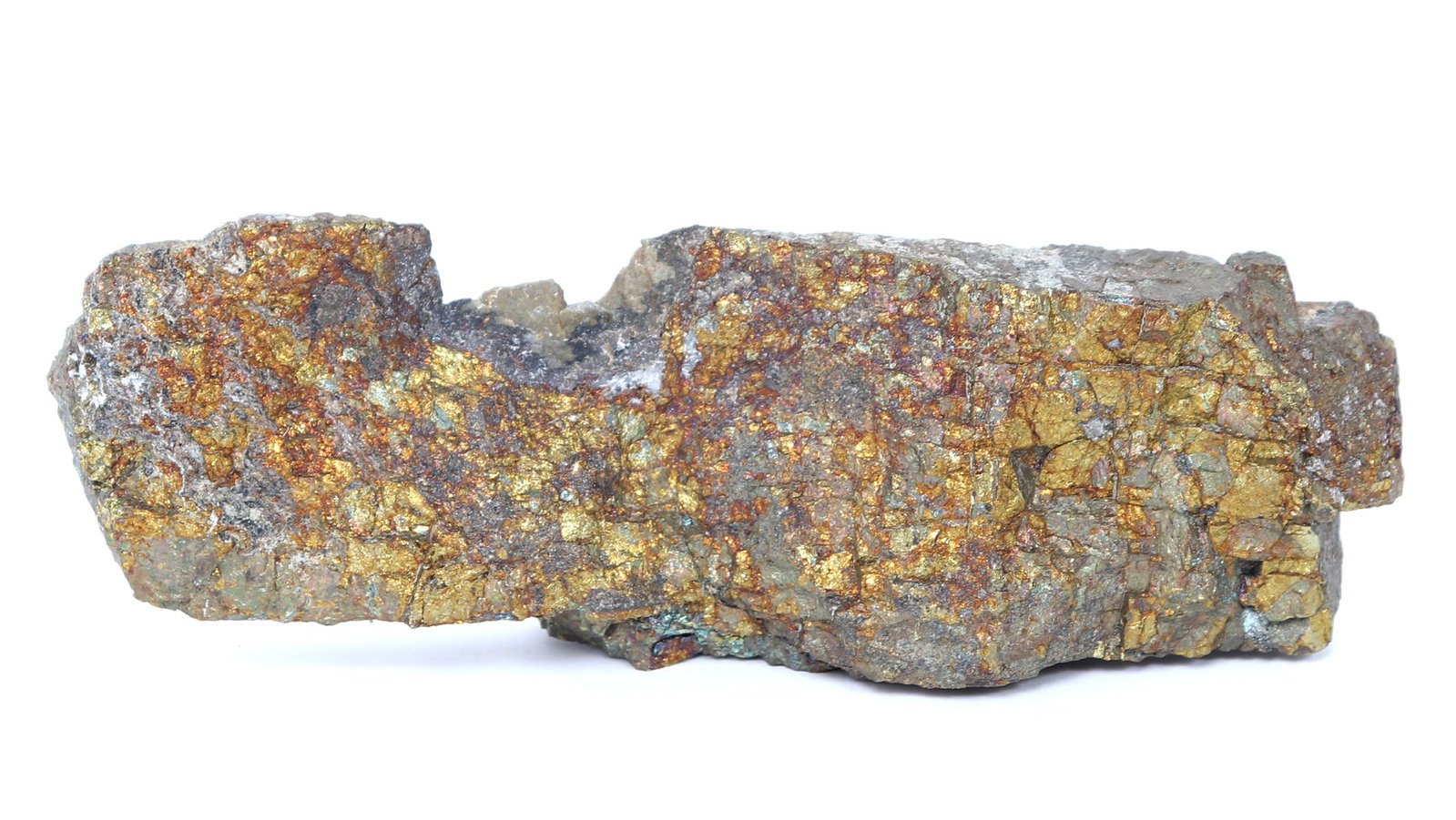Large Section of Pyrite, 626 grams: Glistening with copper, silver, red, and gold coloring throughout, this wonderful section of pyrite is rare in size and weight. Pyrite not easily cut as it has a softer composition and tends to