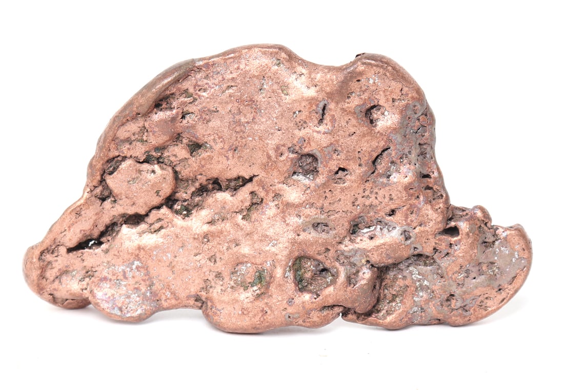 Raw Smooth Copper Specimen, 343 grams: Great section of raw copper that has smoothed from weathering and time, with small amount of green patina beginning to form. Size 4 3/4" L x 2 1/2" W, 343 grams