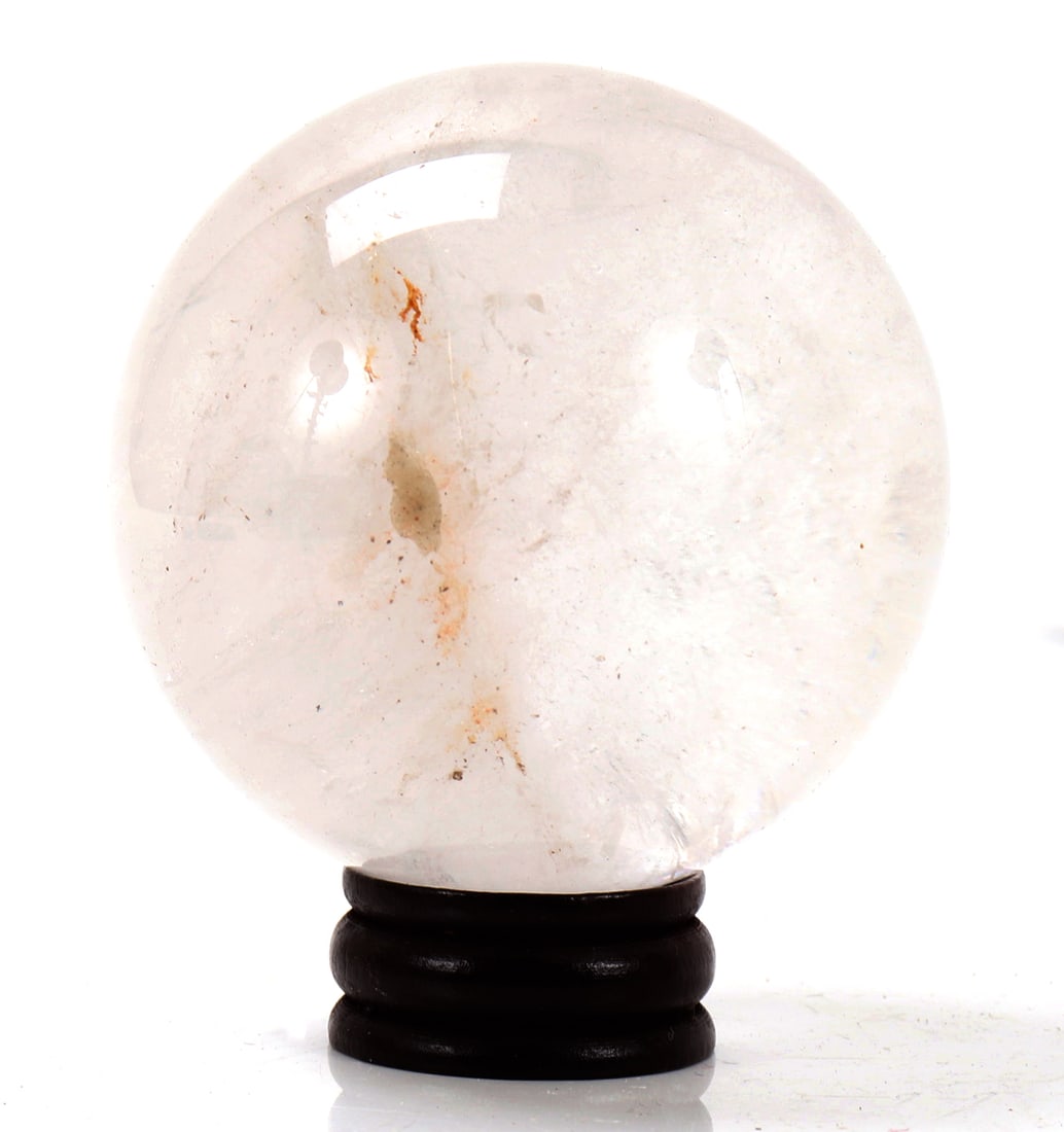 Handsome Polished Rock Crystal Quartz Sphere: Beautiful perfectly shaped rock crystal quartz sphere with custom wood stand. Perfect for any mantel or desktop. Clear quartz is believed to shield against negativity, attune to your higher self, and 