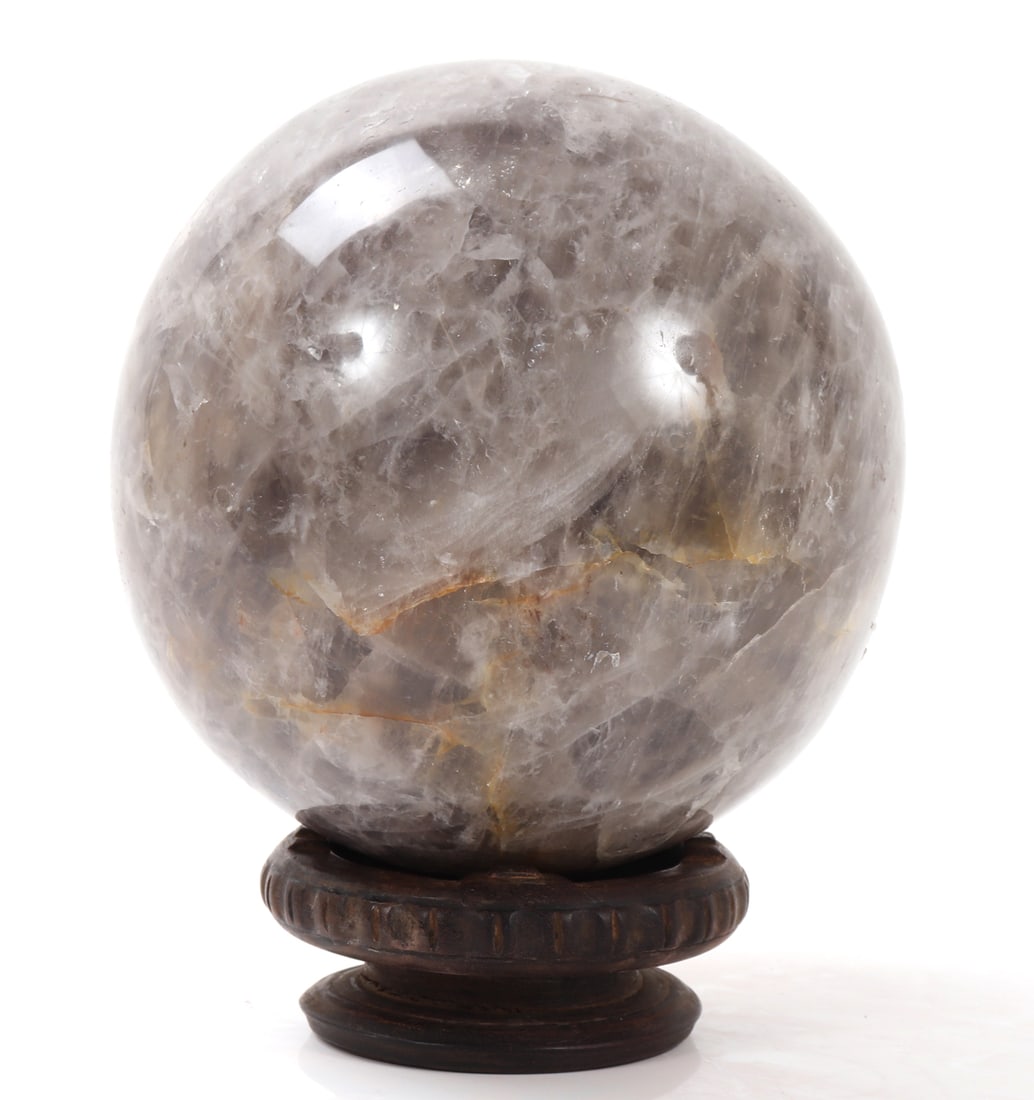 Wonderful Smoky Quartz Polished Sphere w/Stand: Beautiful desktop or mantel piece, perfectly polished smoky crystal quartz mineral specimen on a custom pedestal wood base with ribbed designs. Size 6" L x 6" W x 6" H, weight 5330 g