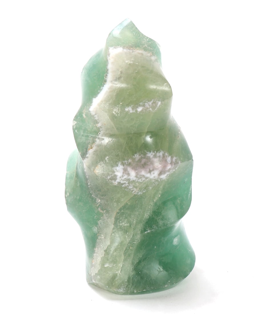 Large Natural Fluorite Flame Tower Section: Beautiful all natural fluorite mineral specimen in a natural burning flame tower. Gorgeous natural crystal inclusions and veining throughout. Size 7" H x 3" W, weight 1913g