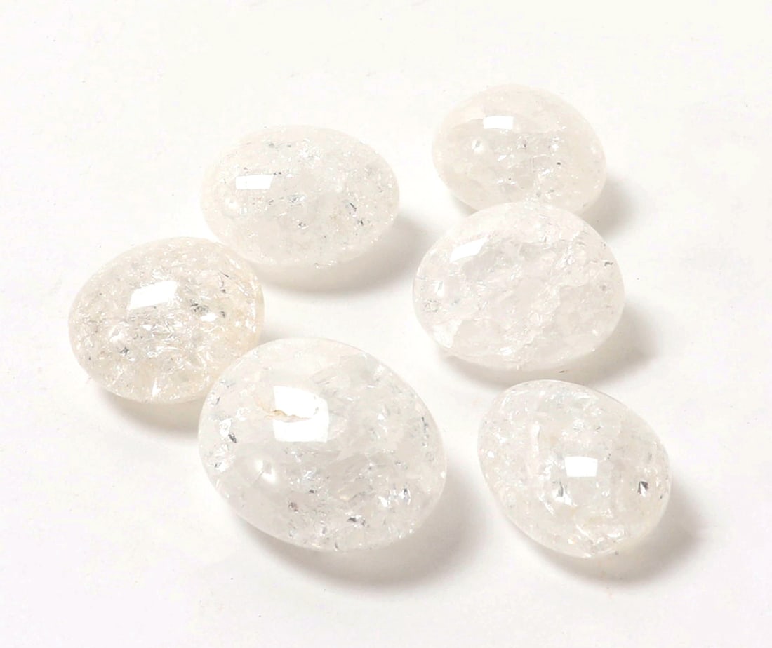 Group of Six Fire & Ice Quartz Stones: Wonderful collection of brilliant fire and ice crystal quartz tumbled stones perfectly polished, ice cold to the touch and heats up with body temperature as you hold them. Popular for meditation as