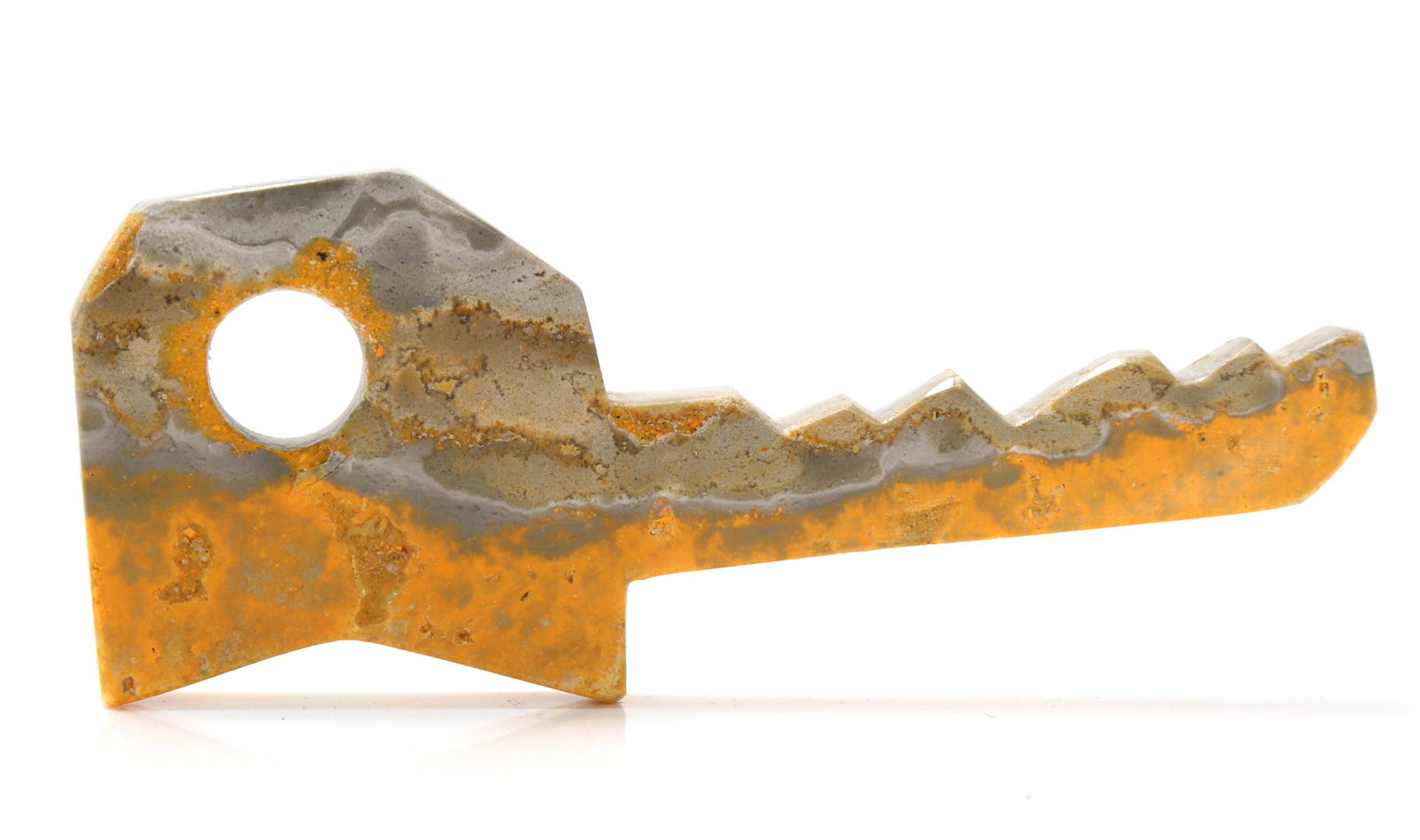 Fantastic Bumblebee Jasper Key: Beautiful bright bumblebee jasper shaped into a key with a suspension whole to the body of the key. Beautiful marbling yellow and stone metal grey coloring throughout. Size 3" L x 1" W x 1/4" H,