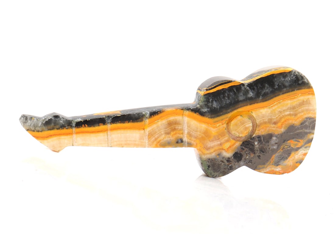 Natural Bumblebee Jasper Carved Guitar: Beautiful bright yellow and galaxy black marbled bumblebee jasper in the shape of a classic guitar. Bright yellow to galaxy black stripes throughout. Size 3" L x 1" W x 1/4" H, weight 15g