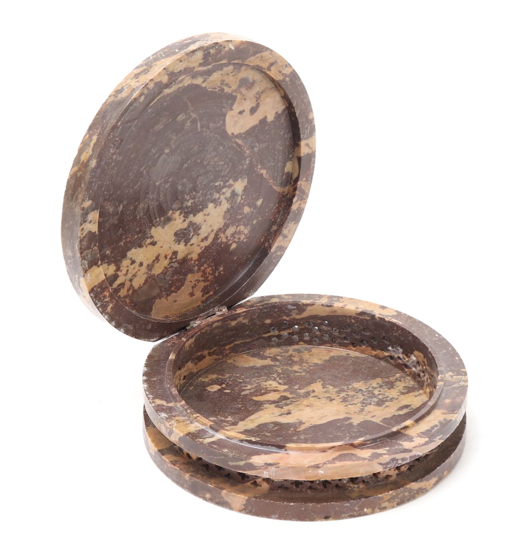 Lovely Stone and Inlayed Jewelry Box: Lovely marbled stone pierced open work jewelry box with mother of pearl and shell inlays in the shape of flowers to the tope. Pierced open work body in a floral piercing. Lily of the valley style