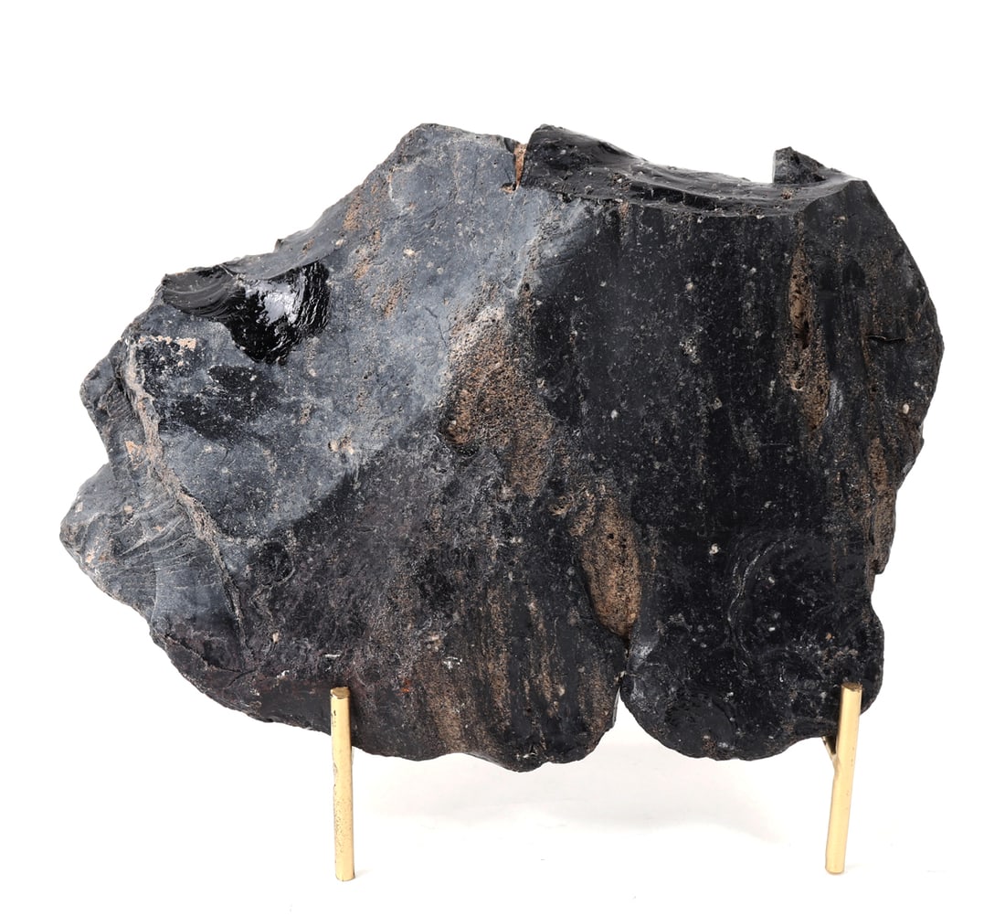 Large Raw Unpolished Obsidian Specimen w/Stand: Wonderful raw section of pure natural obsidian in an unpolished raw shape with beautiful iron colored patina throughout as shown. Obsidian is formed when lava is cooled rapidly, generally when it