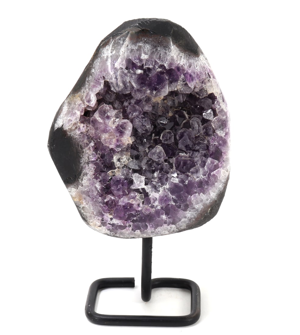 Gorgeous Amethyst Drusy on Custom Stand: Beautiful natural raw amethyst geode mineral specimen, nicely displayed on custom stand pained in black. Gorgeous all natural crystal terminals sparkle in natural light and cast rainbows on the wall