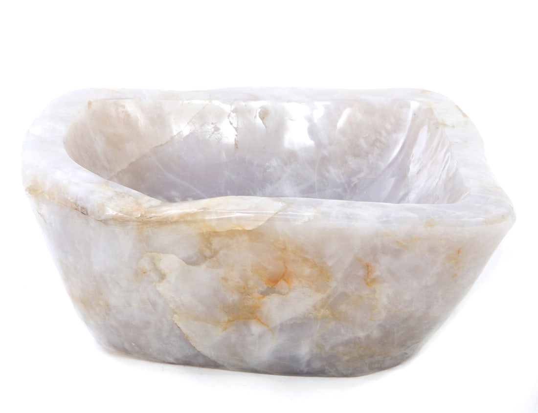 Gorgeous Rock Crystal Quartz Carved Bowl: Beautiful large section of raw rock crystal quartz mineral. Carved and hallowed in a unique triangular shape. Smoky inclusions throughout with light pink, greys and pure white throughout. Size 12