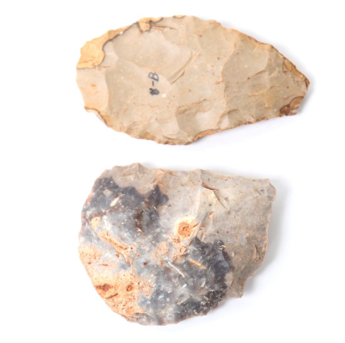 Nice Adena Scraper & Point: Two nice examples of an adena scraper and point or handaxe. Each with earthen deposits throughout. Size 3" L largest ex-Crater Rock Lake Museum, Oregon 1950's