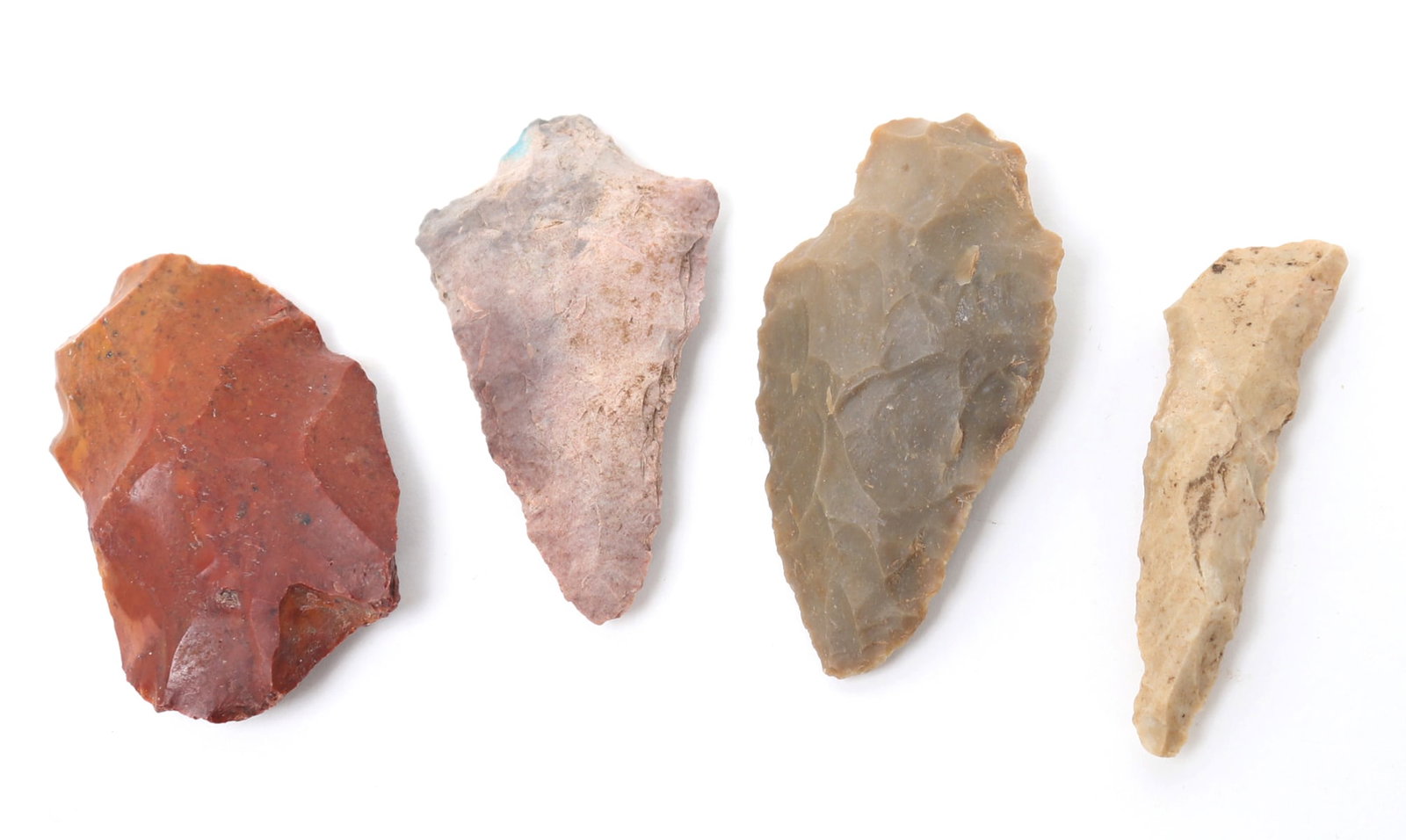 Lot of Native American Stone Tools & Points: Group of four Native American hand tools including two arrowhead points, one scraper and a drill. Size 2 1/8" L largest ex-Crater Rock Lake Museum, Oregon 1950's