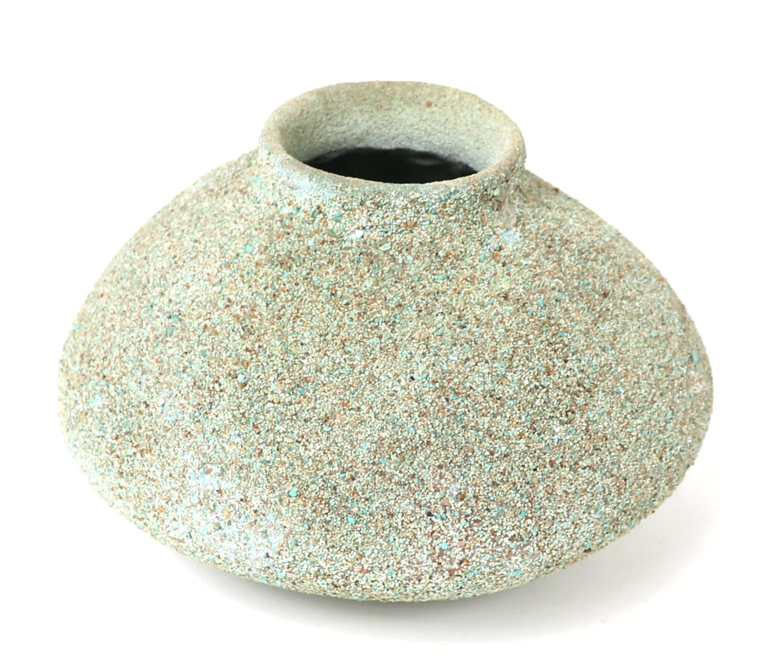 Teddy Weahkee Attributed Fetish Pot, Zuni: Lovely Zuni handmade crushed turquoise fetish pot with a wide bulbous shaped body, narrow opening at the neck with a slightly rounded base. Covered all over in find crushed pieces of turquoise. Attrib