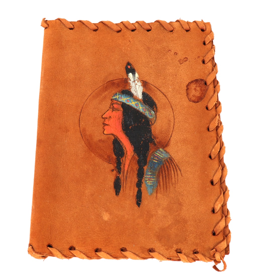 Lovely Handmade Leather Book Cover: Handmade and hand painted Native American book cover from Waterton Lakes, with a beautiful Indian in front of a full moon to the front. Marked to the back Waterton Lakes. Size 8 1/2" L x 12" W
