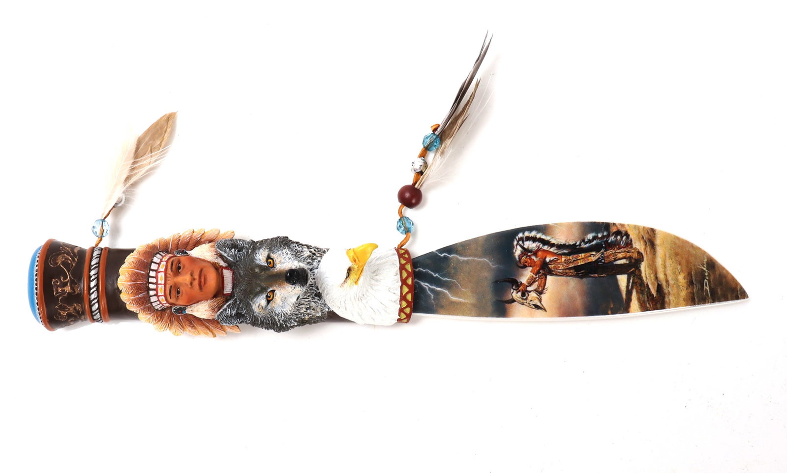 Collectable Spirit Knife by Russ Docken: Beautiful hand collectors knife depicting the Spirit Hunter in the handle with a wolf beneath him, attached feathers and beads, with a painted scene of the hunter holding up a bison skull high to the