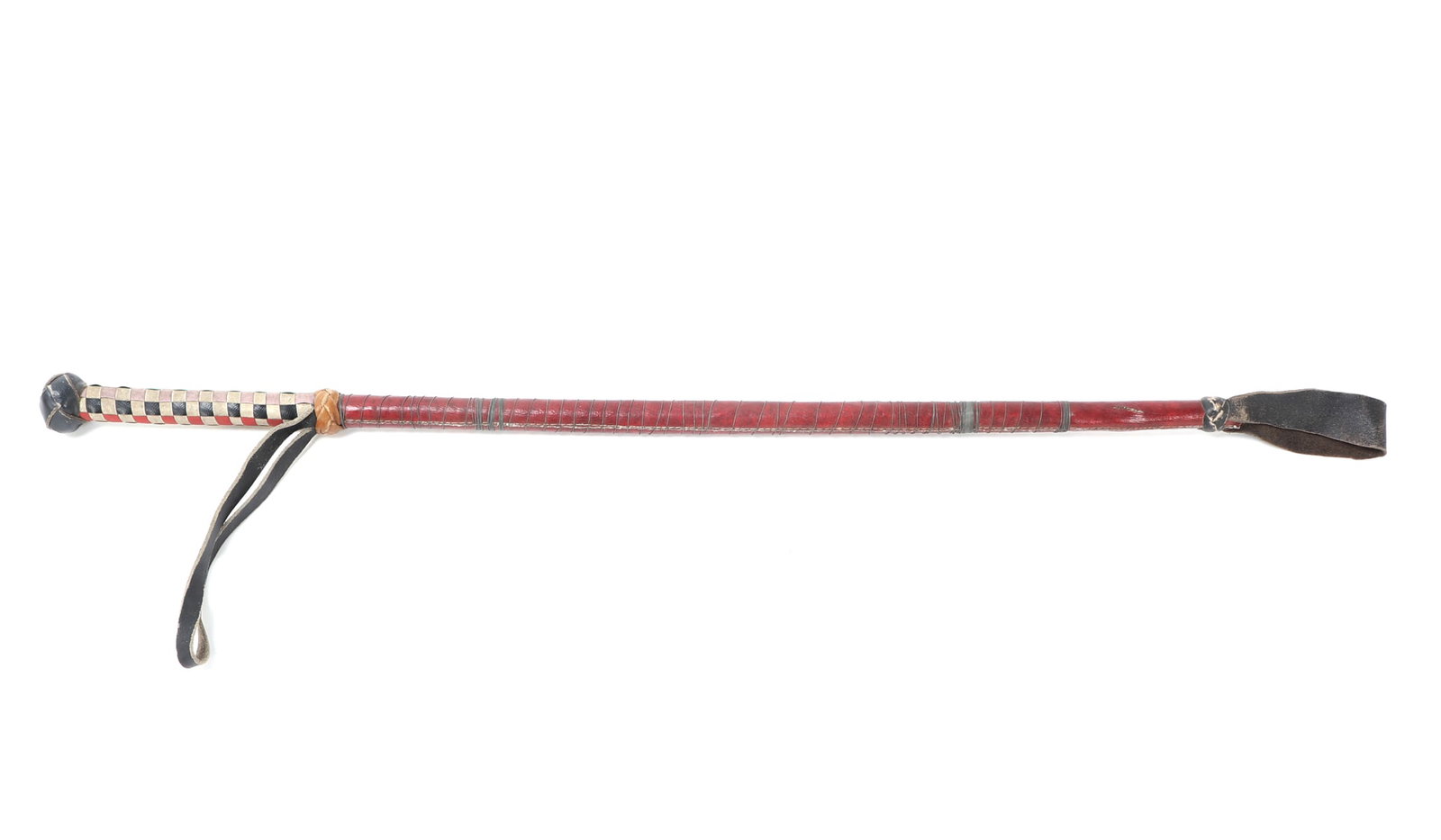 1920's Gentleman's Horse Whip: Very nice 1920's horse whip wrapped entirely in leather with a woven handle comprised of red, black and cream with the original leather keeper. Size 26 1/2" L