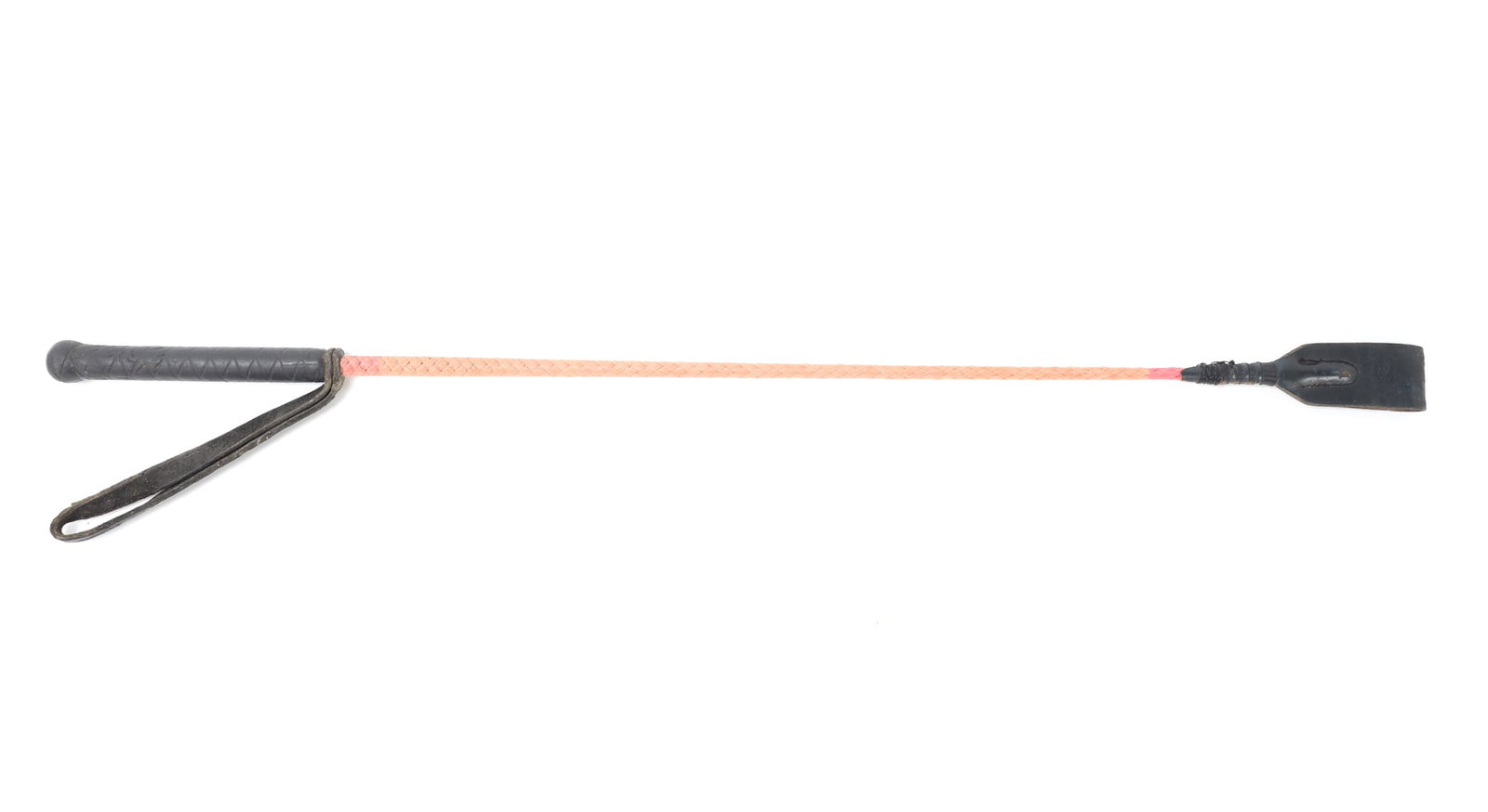 1920's Gentleman's Horse Whip: Very nice 1920's horse whip wrapped entirely in leather with a woven handle comprised of black leather with pale pink bands at each end and blonde leather braided shaft with the original leather