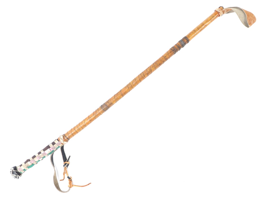 Gentleman's Horse Whip, circa 1920's: Very nice 1920's horse whip wrapped entirely in leather with a woven handle comprised of black, green and white leather in a checkered fashion. Size 26 1/4" L