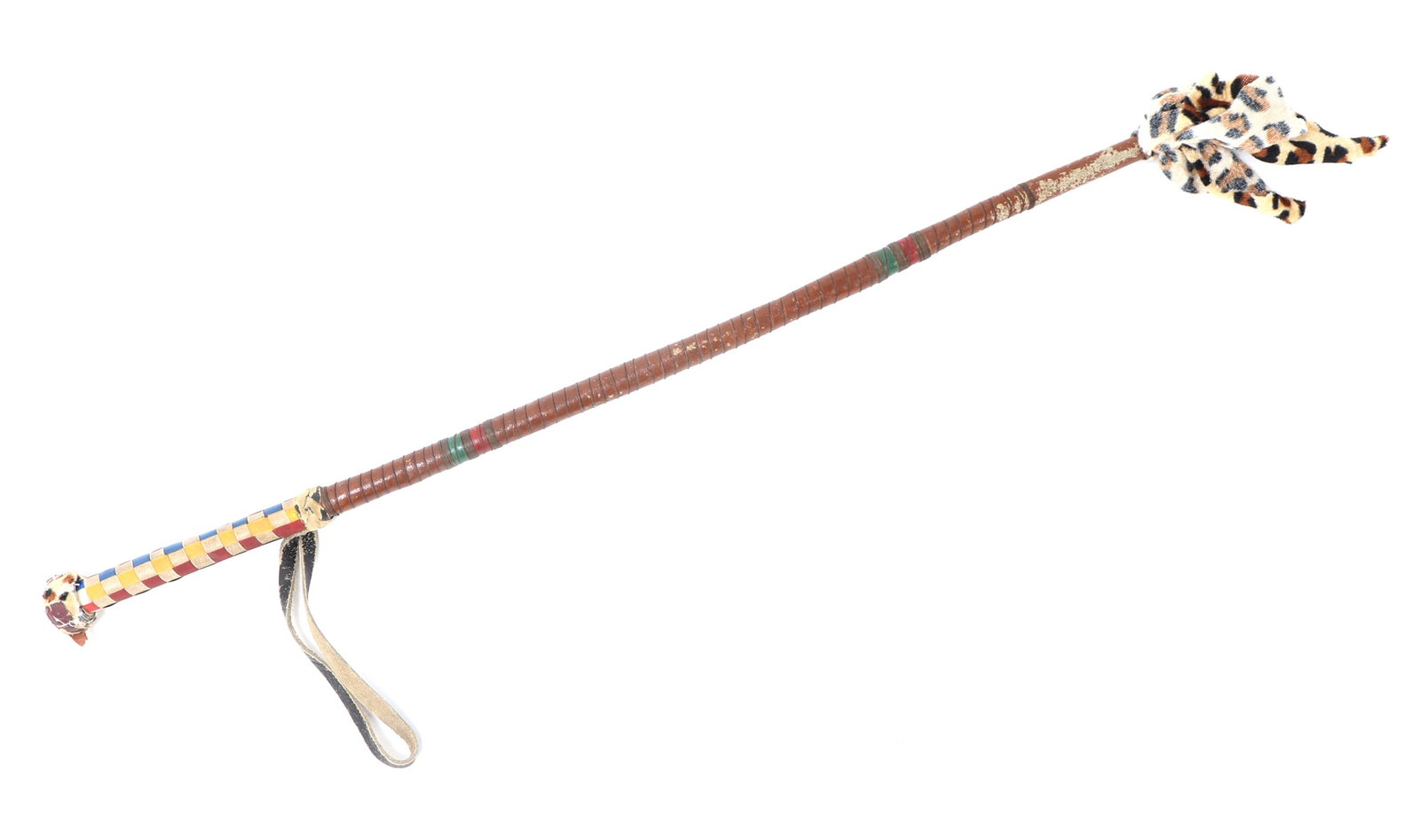 1920's Gentleman's Horse Whip: Meticulously crafted with a woven leather shaft, the whip features a checkered pattern handle in yellow, blue, red and green with a leopard print tassel whip end. Size 24" L