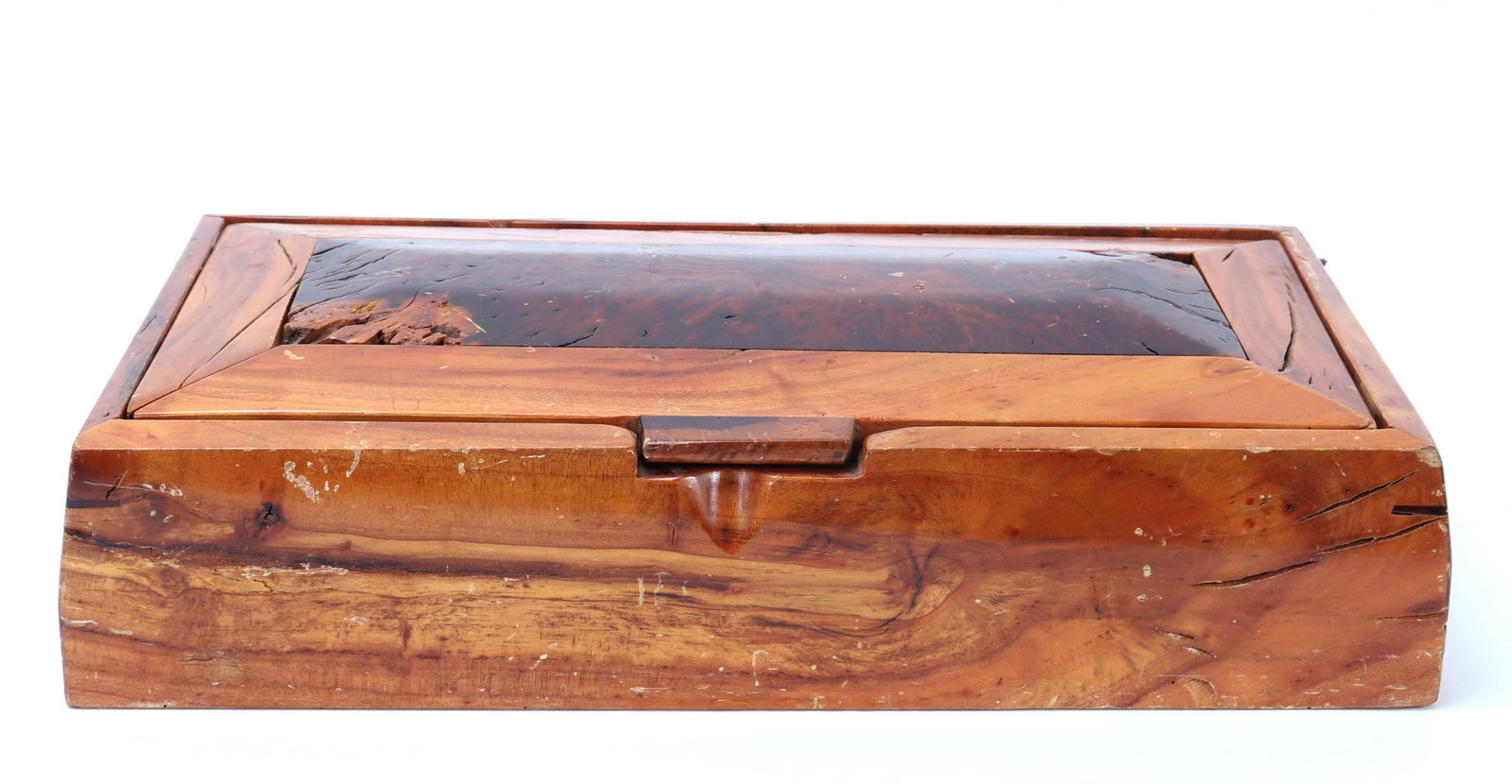 Gorgeous Burl Wood Jewelry Box, Silk Lined: Lovely burl wood jewelry box with a Chinese five clawed dragon silk lining to the interior. Dragons are depicted chasing flaming pearls. Grey background with purple stitching throughout. Size 15 3/8" 