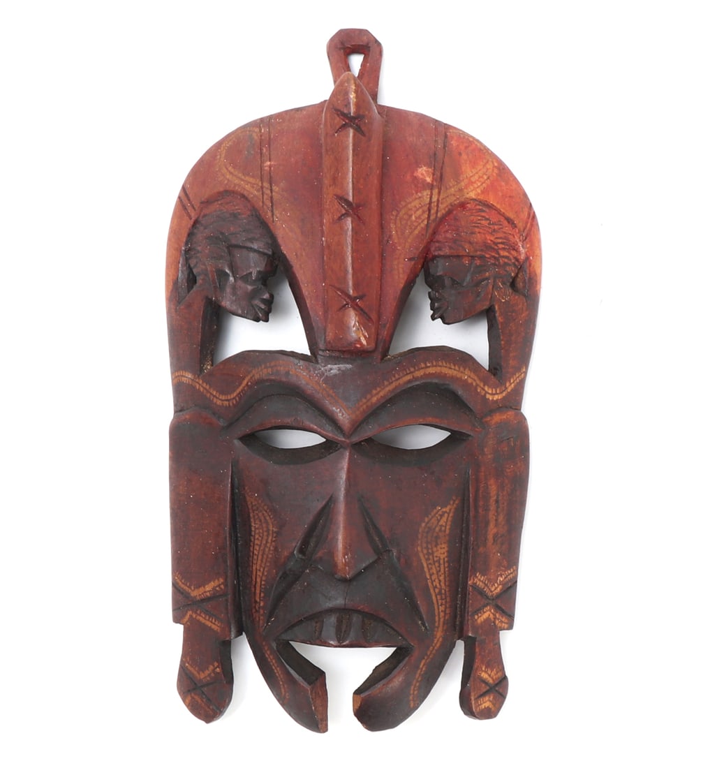 Nice African Wood Carved Mask: Uniquely carved African dance or ceremonial mask. Featuring three faces in total with incised details throughout. Light orange pigment in the incised designs. Size 9 1/2" H x 5 1/8" W