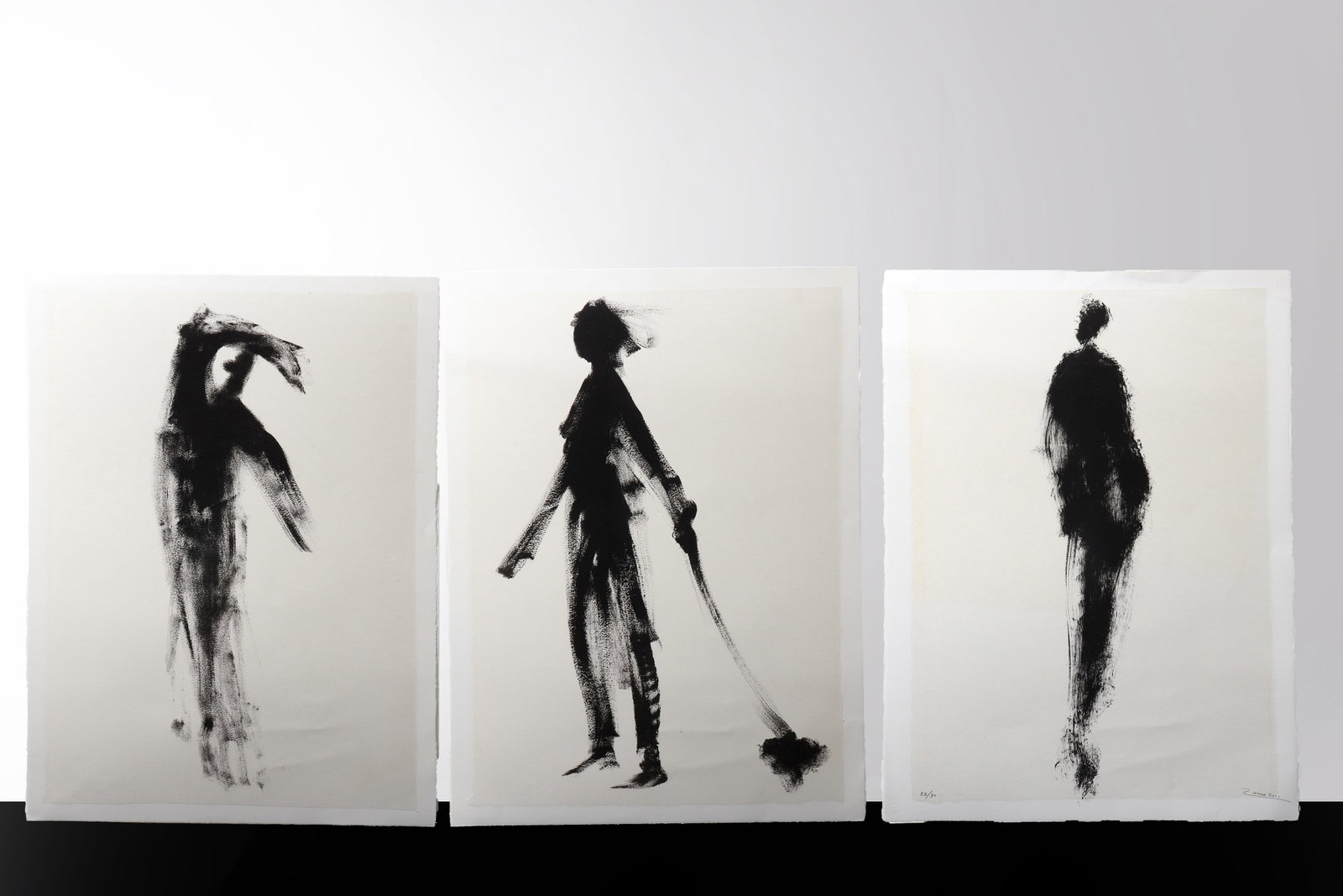 Three Original Comtempory Flatworks: Contemporary, dated 2021 A striking group of three unframed figural prints on paper, each rendered in a restrained black-on-white palette and characterized by the artist?s highly gestural,