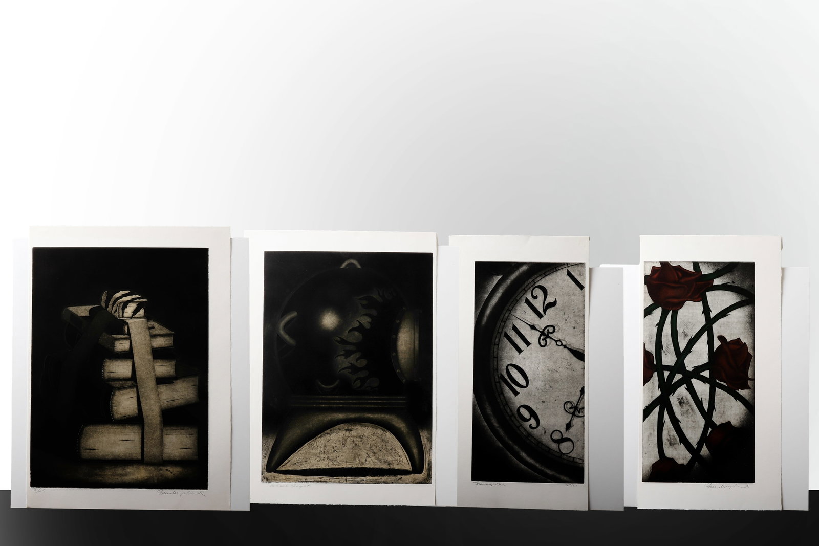Set of Four Unframed Print on Paper: Modern, 20th century A compelling group of four unframed prints on paper, each exploring a moody and atmospheric visual language through rich tonal contrasts and carefully composed imagery. The group 