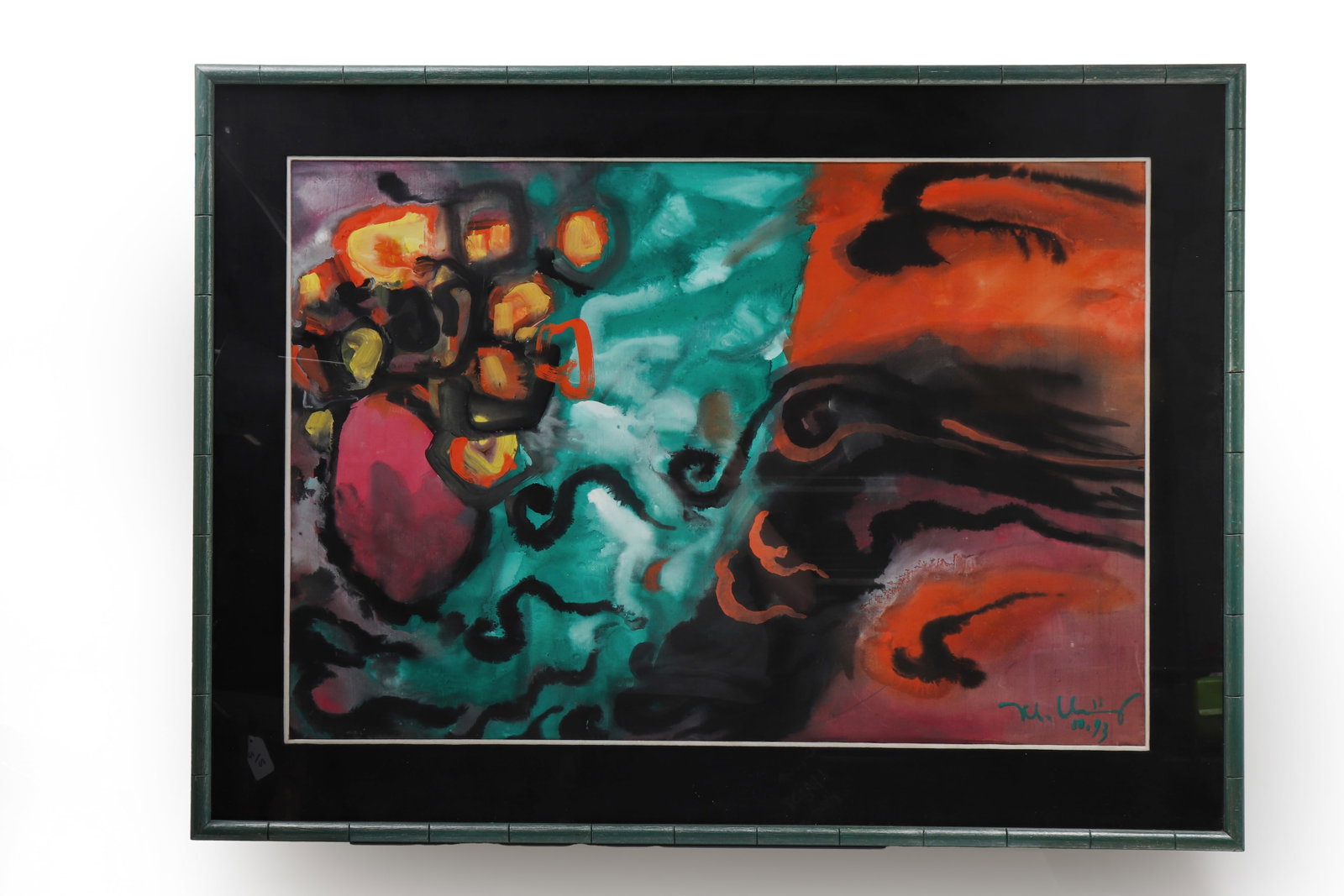Colorful Abstract Composition, Signed, 1993: Signed and dated 1993. Vibrant abstract composition rendered in saturated tones of turquoise, orange-red, black, yellow, and mauve, with fluid brushwork and layered organic forms creating a strong sen