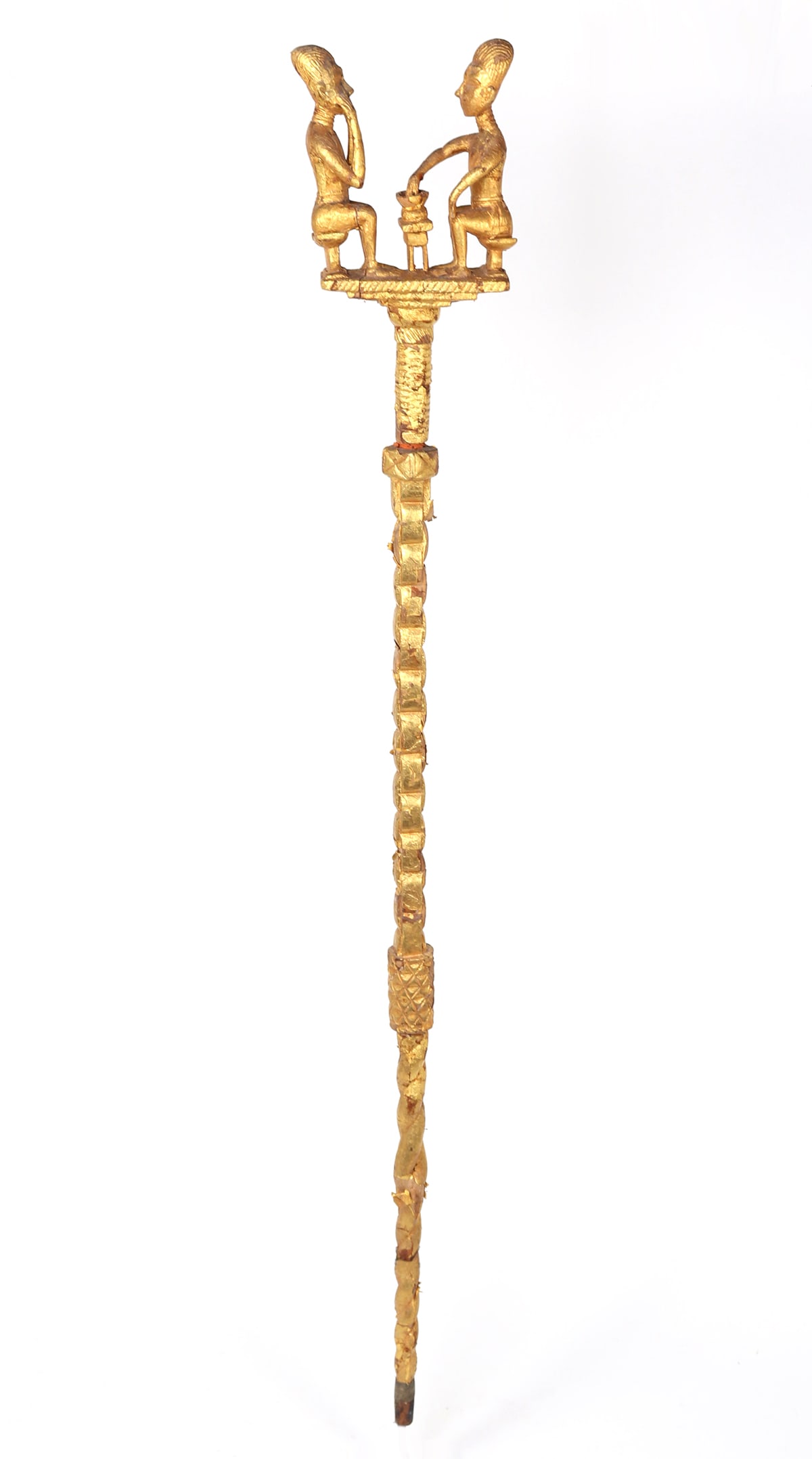 Akan Gold 'Okyeame poma' Linguist Staff, 19th - Early 20th c.: West Africa, Ghana and Cote D'Ivoire, Akan cultures, Asante peoples late 19th or early 20th century. Gold leafed linguist staff. Two men at a table resting on Ashanti Royal Thrones with a small table 