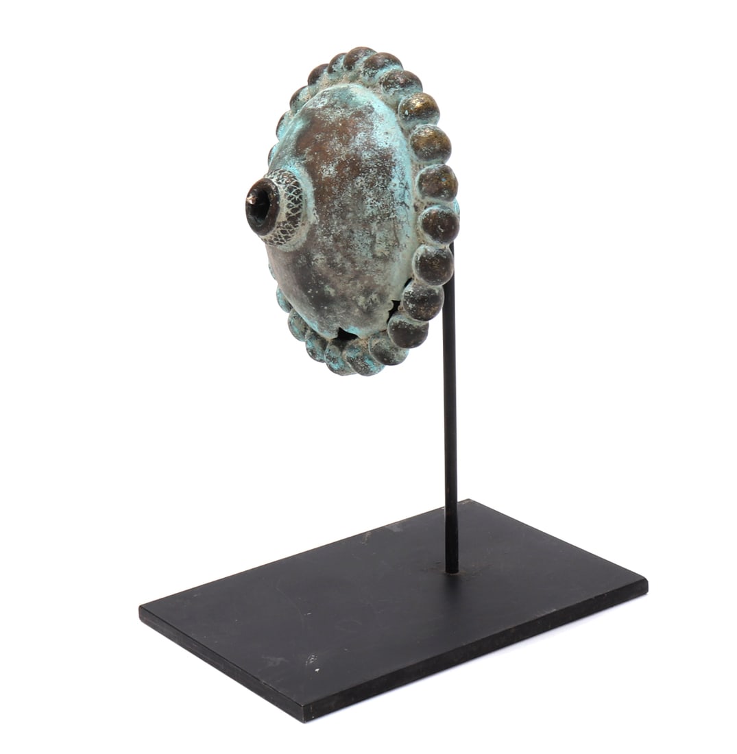 Vintage Indian Bronze Hardware: Indian, 20th Century, Large Indian Bronze Cast ornament. Size 4 1/4" W x 2 3/4"D Included Stand Length is 7 1/2"