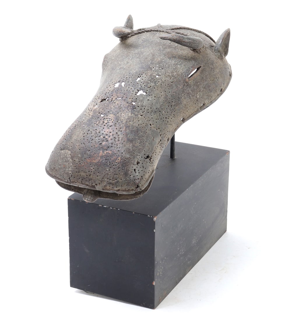 West African Copper-Alloy Zoomorphic Animal Mask or Crest: West African Copper-Alloy Zoomorphic Mask / Crest, probably 19th century or earlier. West Africa, possibly Mali, Burkina Faso, or Nigeria, 20th century. A copper-alloy zoomorphic mask or crest of