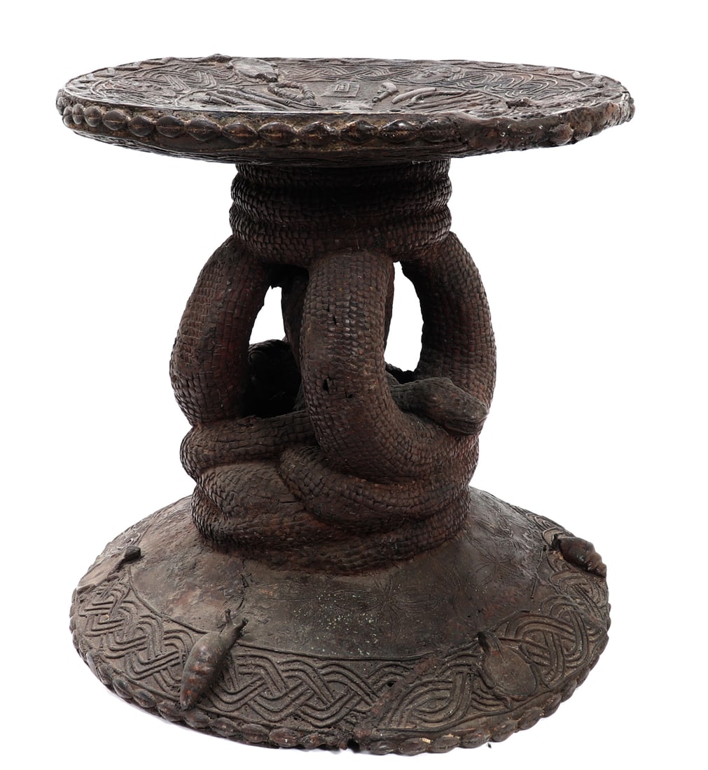 Fine Benin Bronze Intricately Detailed Bronze Seat: Handsome early African, Benin bronze lost was cast garden seat or stool. Heavily detailed throughout including an intertwined serpent to the midsection, interwoven banding around the base with snails