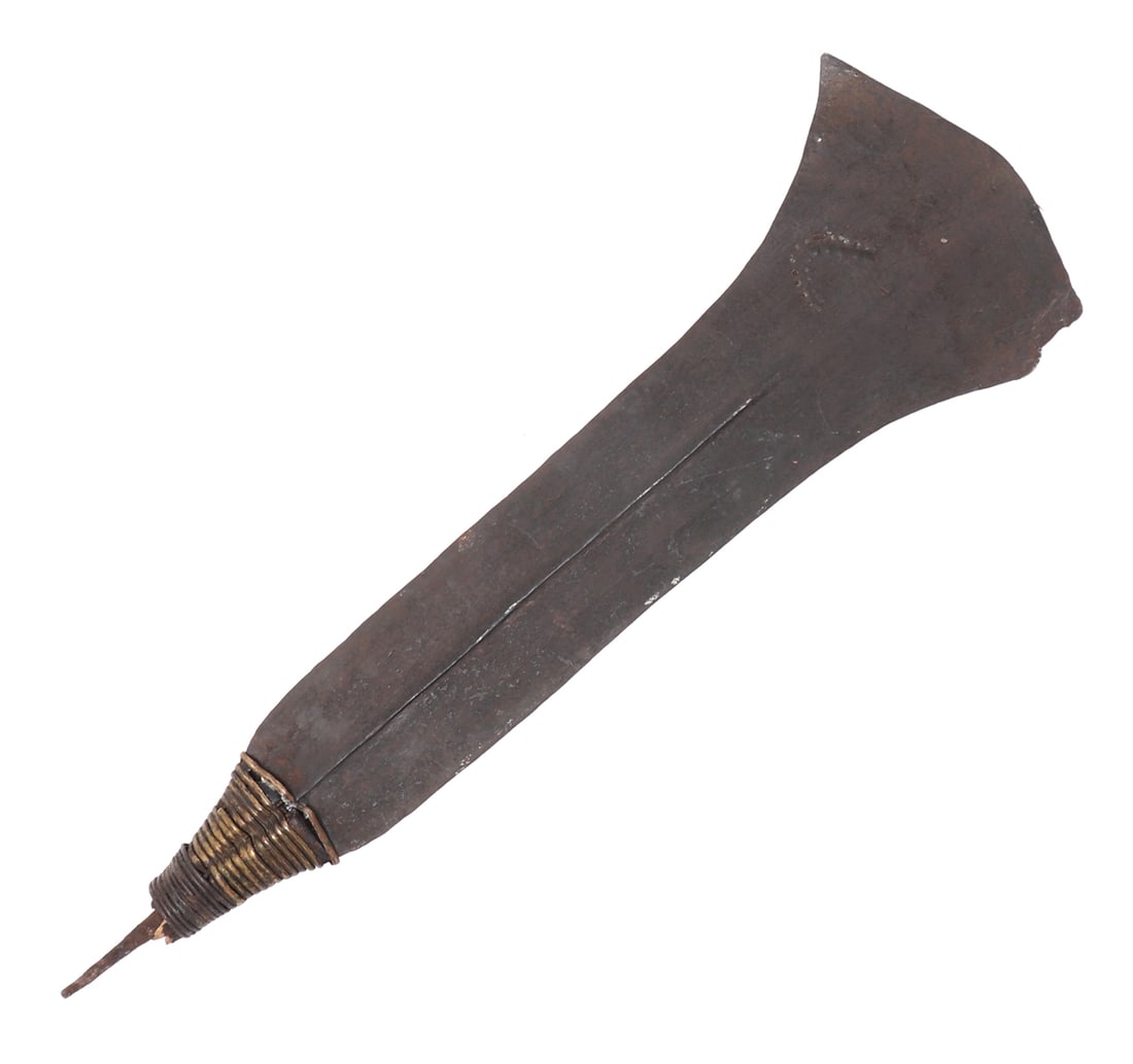 Vintage African Kuba Tribe Ceremonial Sword: Central Africa, 19th - Early 20th Century. A forged iron ceremonial blade of broad, flared form, tapering to a narrow tang and fitted with a wrapped grip. The blade is hammered from a single piece of 