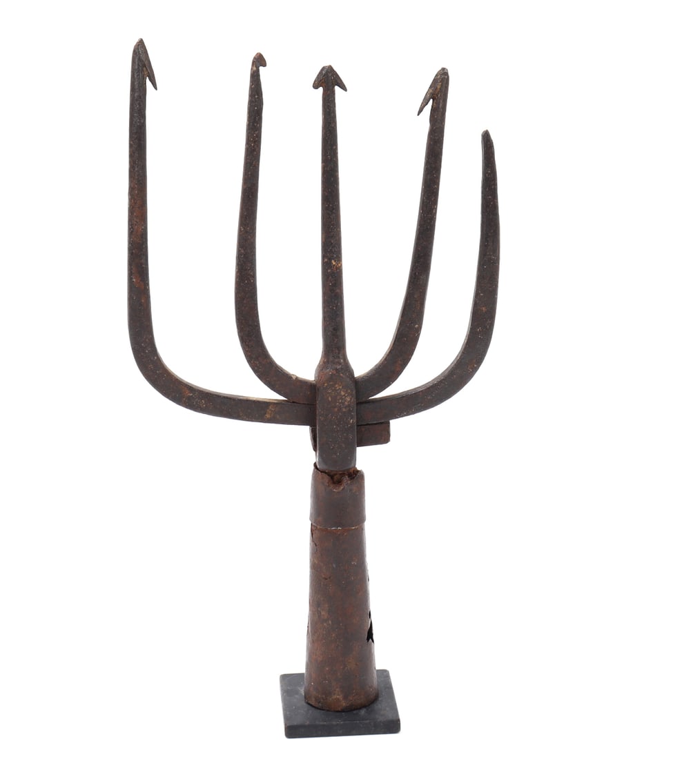 Antique Hand-forged Iron Fishing Spear: Wrought iron with five prongs and barbed tips. Size 10 1/2" H x 5 3/4" W