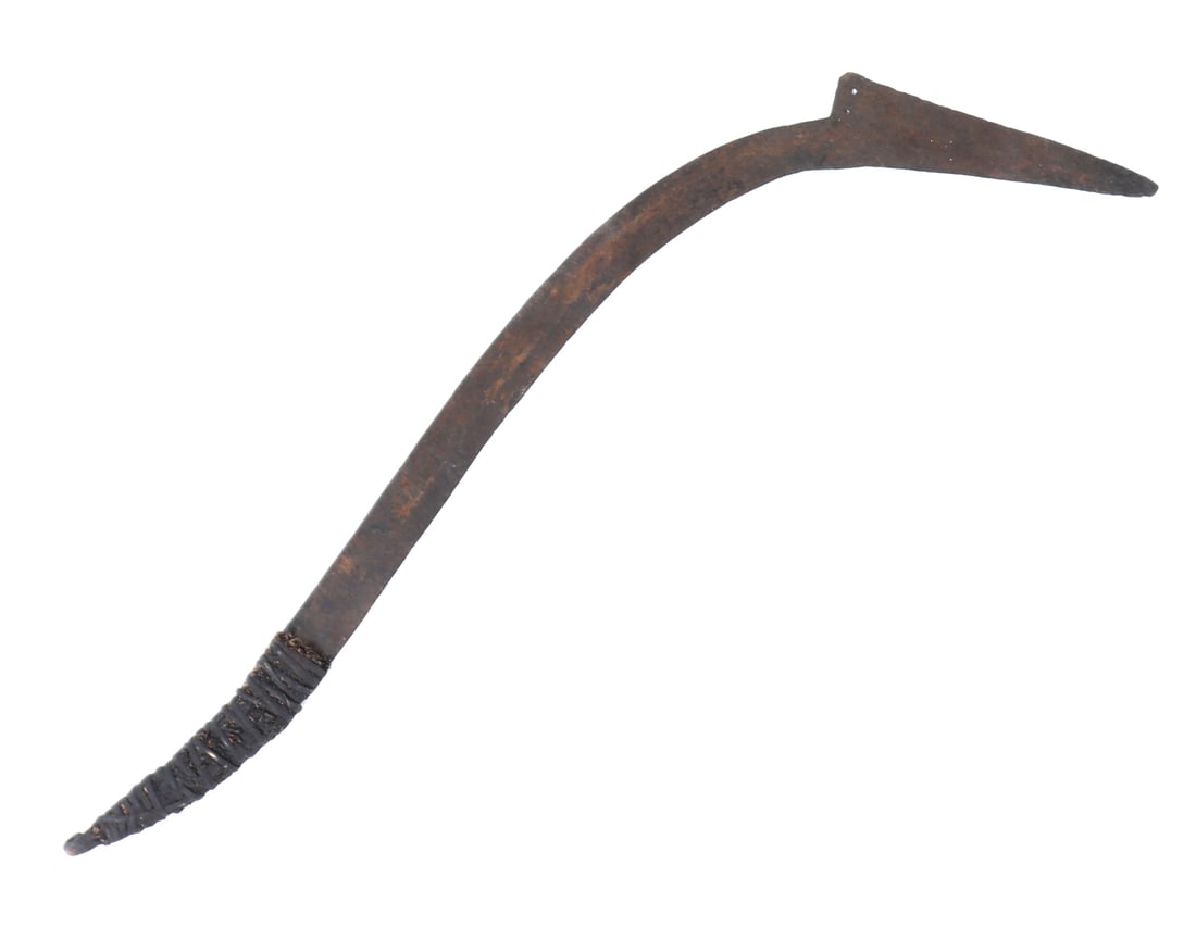 Traditional African Iron Throwing Knife: This Sickle blade is also referred to as a Mambele. Made of Iron. Size 19 1/4" L