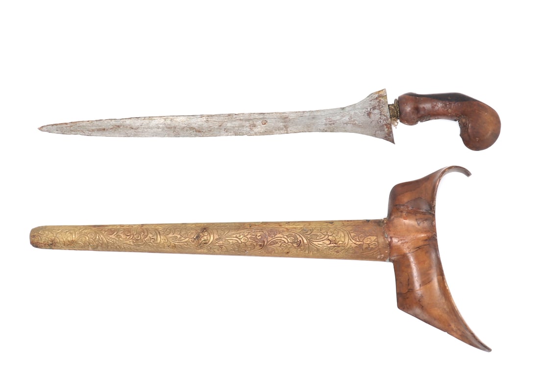 Indonesian Kris Dagger: Keris Dagger Size 19" L, blade 13 1/4" L. Does not fit entirely into scabbard.