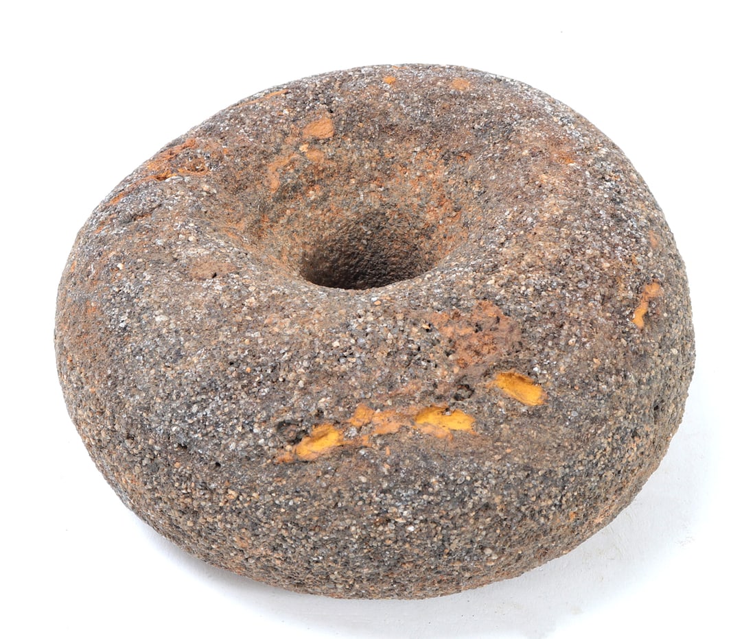 African Stone Mace Head: Very early African stone carved mace head in round form. Neolithic period 4000BCE - 2000BCE. Probably North East Africa. Size 6 1/2" W, Weight 5 lb. 8.2 oz Ex-Tennessee Estate. Family collection of an