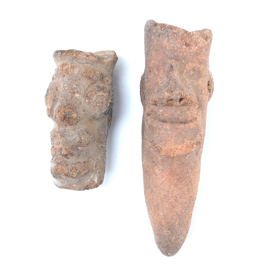 African Terracotta Head(s) , 12th - 16th C.: West Africa, North Ghana, Koma culture 12th - 16th century heads with elongated features and large open eyes. Size 4 1/2" H, Weight 136 g Ex-USA Collection. Family collection of an esteemed diplomat