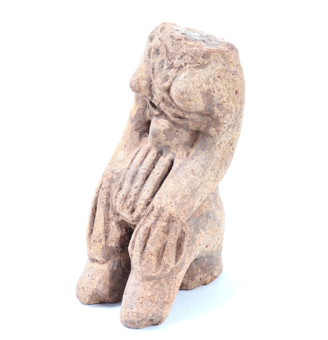 African Terracotta Figural Fragment: Ancient African terracotta maternal statue, probably Bura 3rd -13th century. Absent head and lower section with the dress and hands carved with deep grooves. Size 5" H, Weight 402 g Ex-USA