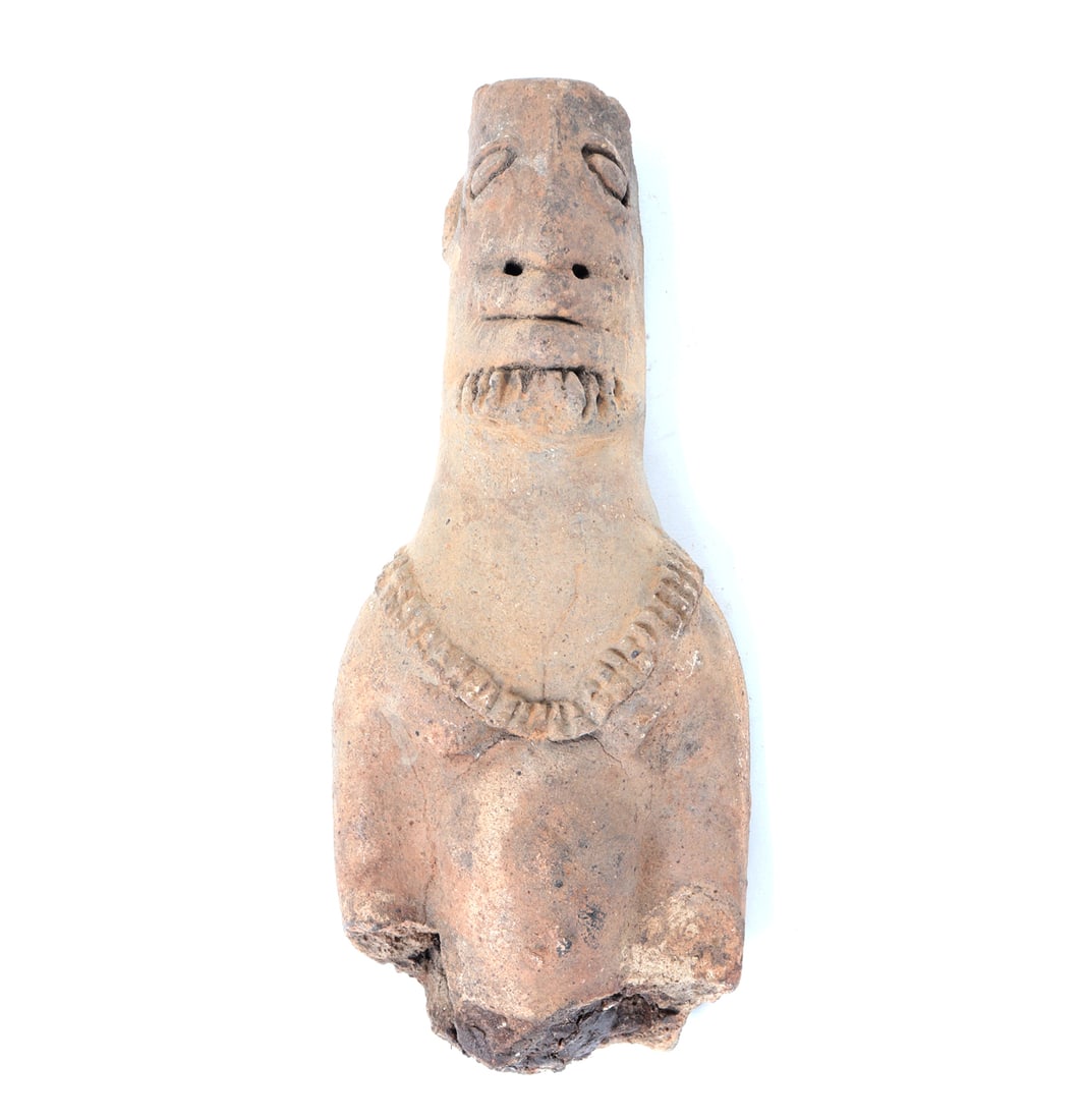 African Terracotta Male Figure: Ancient African terracotta male figure probably Bura 3rd - 13th century. Torso of a male figure with a large necklace and flat topped skull. Size 8 3/8" H, Weight 929 g Ex-USA Collection. Family