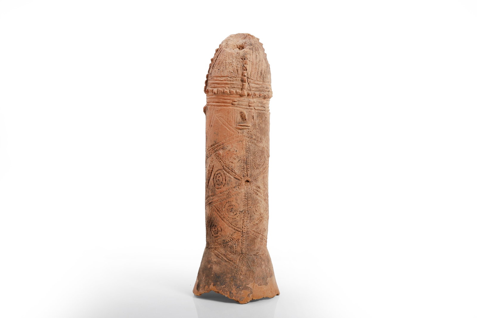 African Terracotta Phallic Sculpture, Bura 300BCE - 1100CE: African Terracotta Phallic Sculpture, Bura 300BCE - 1100CE Terracotta vessel of tall cylindrical form, the body worked with dense bands of incised geometric and curvilinear ornament and a stylized