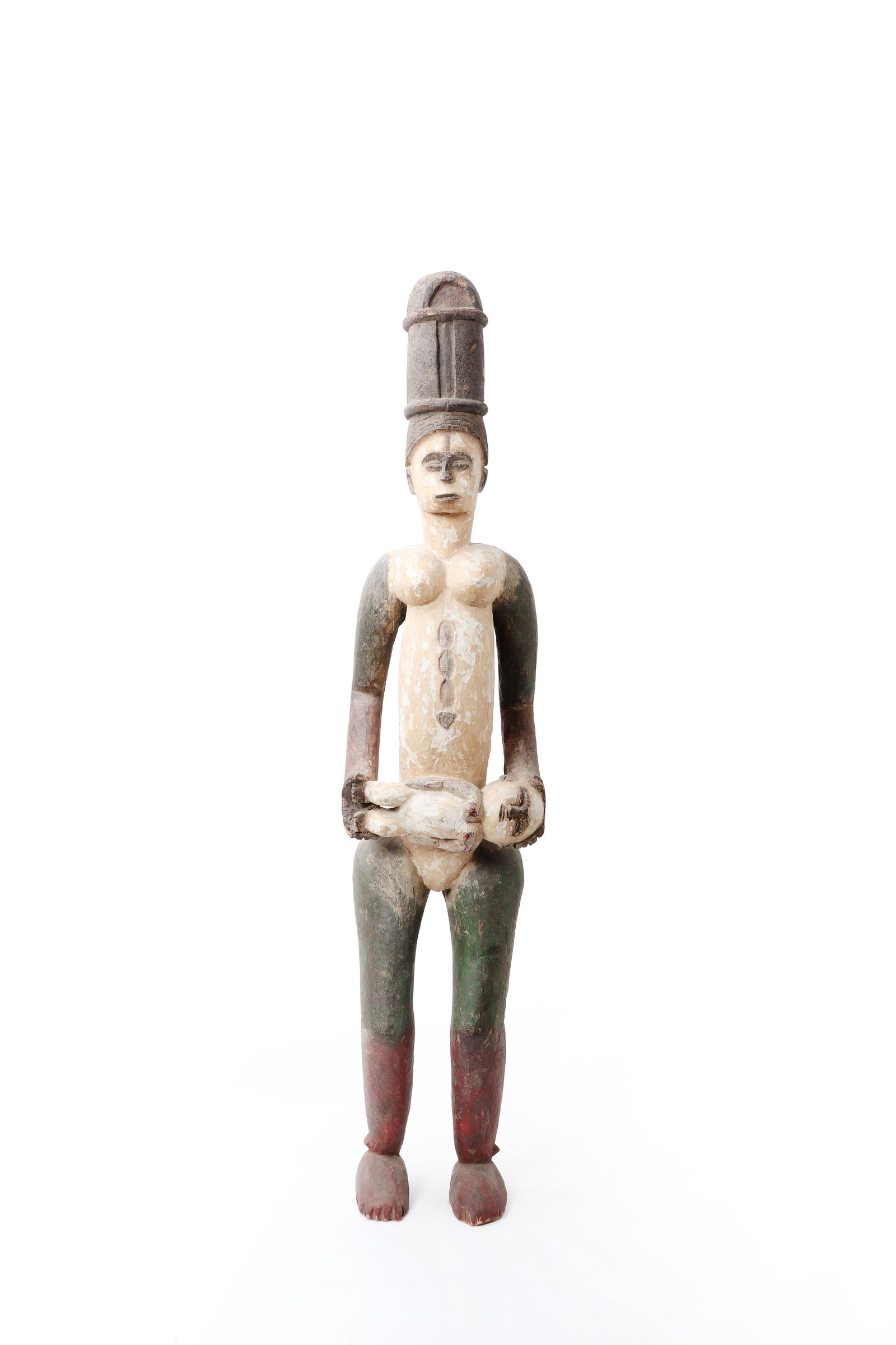 Idoma Maternity Figure, Near Life-Size!: Africa, Nigeria, Idoma people probably mid-20th century or earlier. Large carved wood polychrome maternity figure depicting a standing female holding an infant horizontally across the front of the