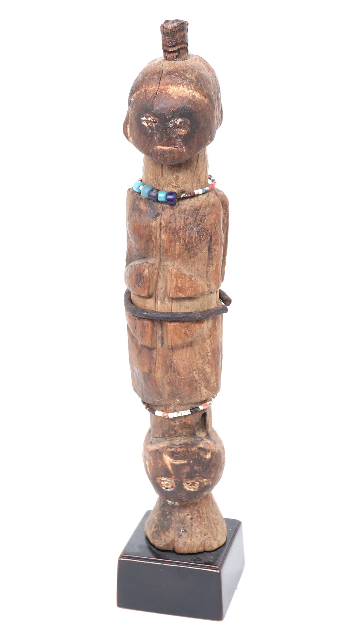 Songye Peoples Ritual Double Figure: African, Democratic Republic of the Congo. Songye or Songe peoples ritual figure 20th century. Carved in light wood with a light curve and double sided with a strand of beads the neck of each. Animal