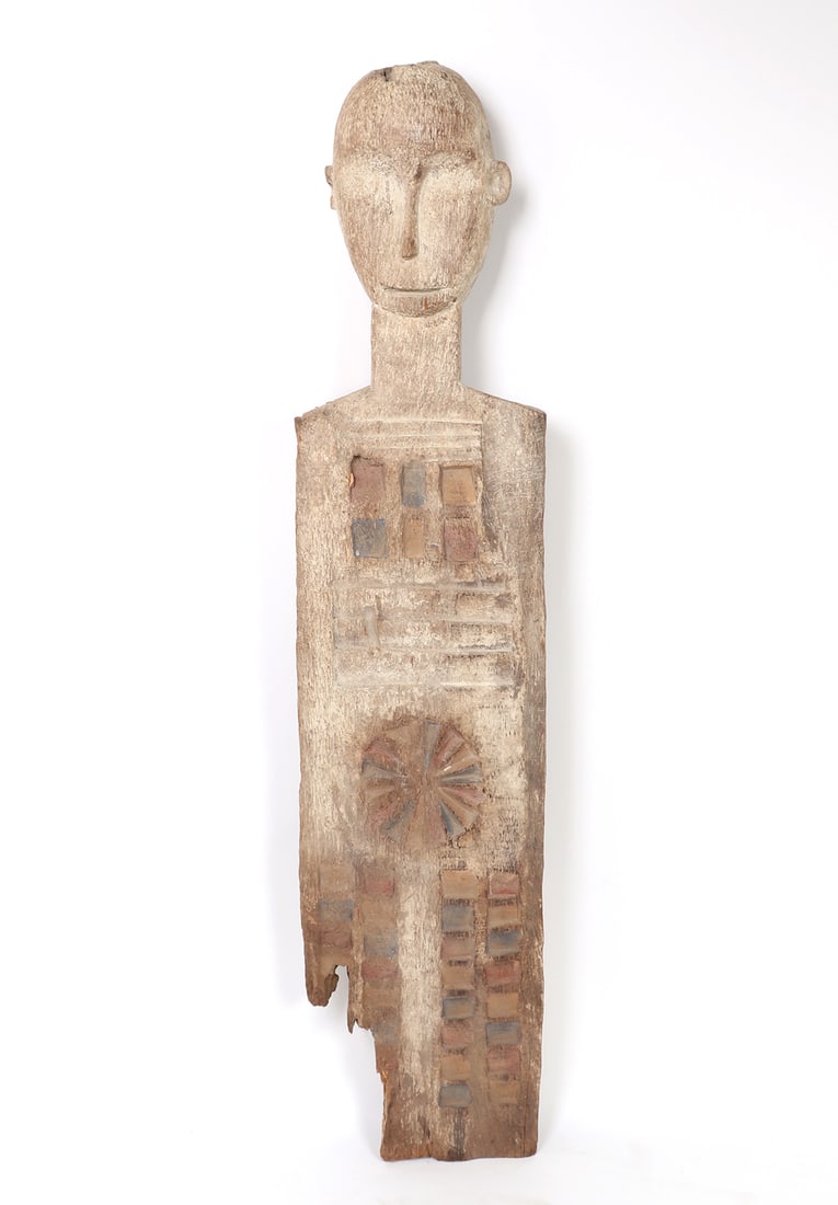 Kigango Figural Post, Huge!: East Africa, Kenya, probably Mijikenda / Giriama peoples, 20th century Carved wooden commemorative post, or "Kigango", of elongated plank form with a stylized human head and long narrow body. The face