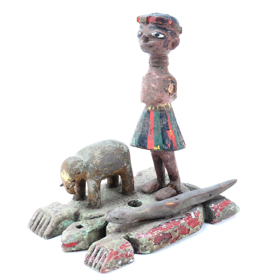 African Polychrome Carved Wood Figural Group with Animal and Implement (1 of 9)