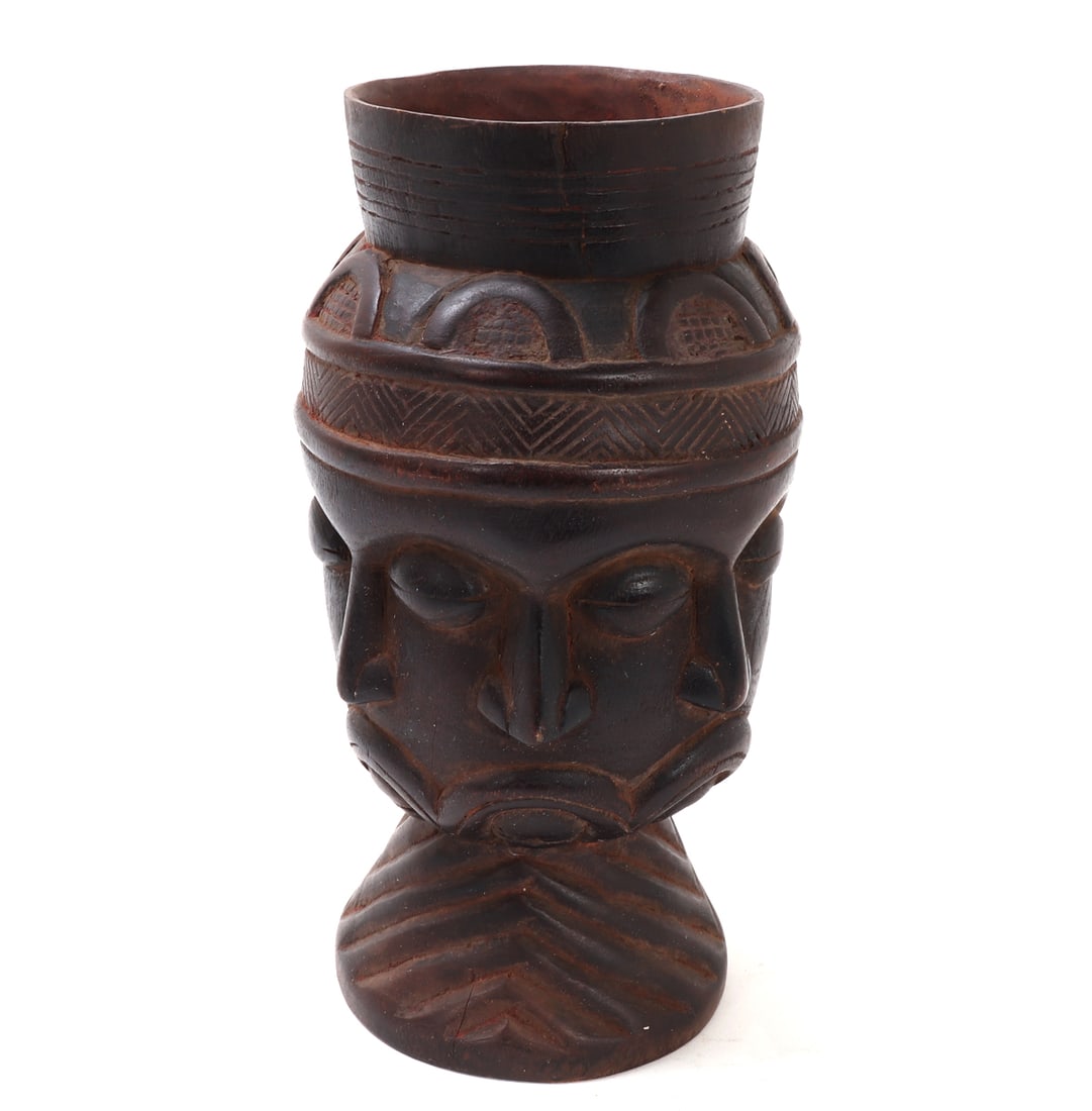 Kuba Triple-Face Palm Wine Cup: Kuba People, Democratic Republic of the Congo, early to mid 20th century. Fine hand carved palm wine cup features a tripartite anthropomorphic design. Depicting three faces in high relief with