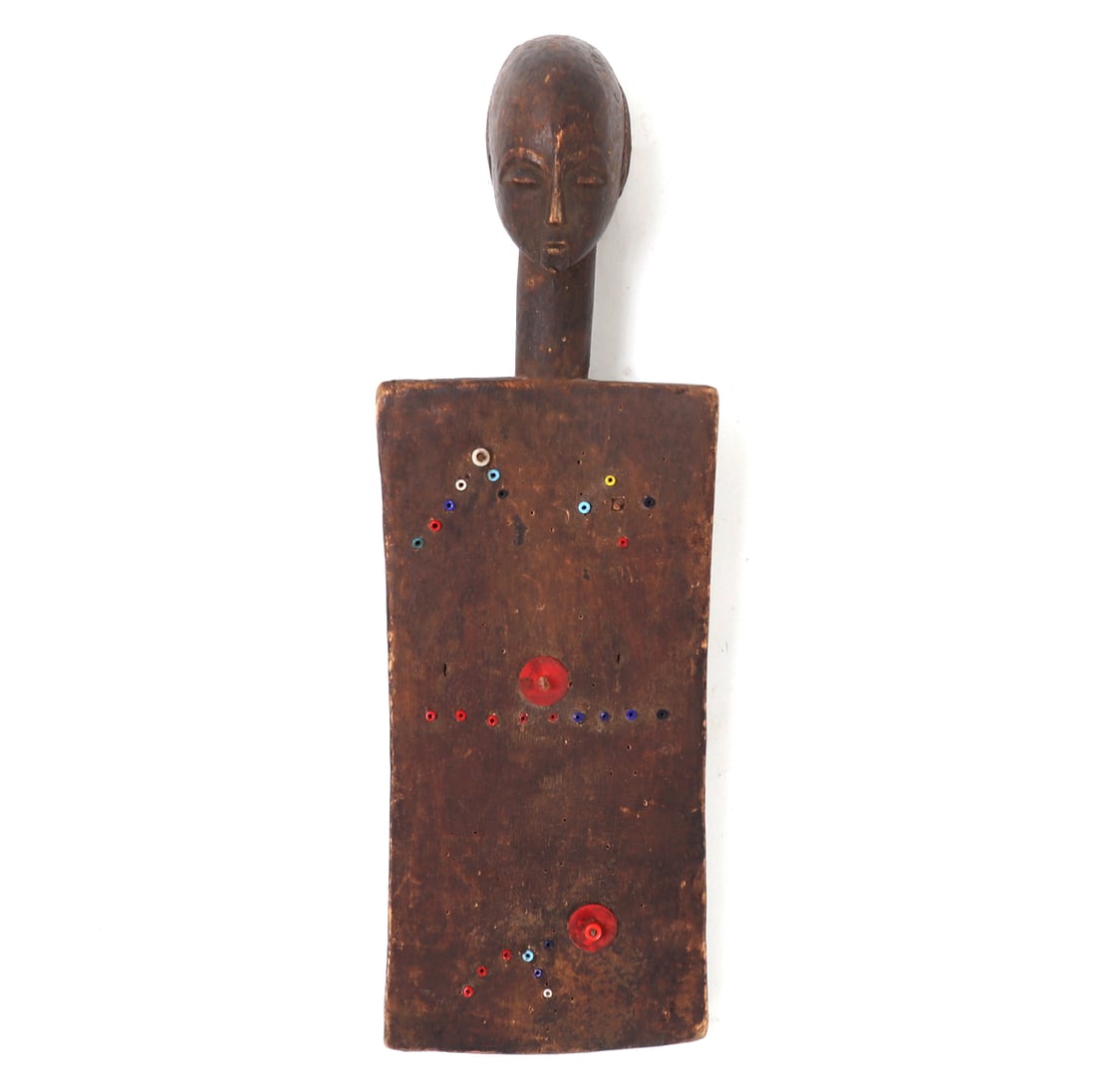 DRC Luba Lukasa Wood Memory Board: Democratic Republic of Congo Luba Lukasa memory board carved form a single piece of wood. A female head sits atop a flat body with inlaid beads in geometric designs to the front. The back of the